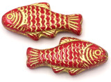 2pc 25x12mm Czech Pressed Glass Fish Beads, Opaque Red/Gold Wash