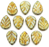 10pc 10x8mm Czech Pressed Glass Leaf Beads, Alabaster/Sage Picasso