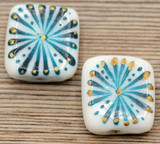 2pc 20mm Lampwork Glass Hand-Painted Flat Square Beads, White/Teal