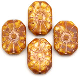 4pc 19x13mm Czech Pressed Glass Flower Rectangle Beads, Alabaster/Picasso/Rose Gold Wash