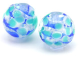 2pc Approx 12mm Lampwork Glass Barrel Bead, Blue/White Swirl & Blue Blossoms