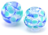 2pc Approx 12mm Lampwork Glass Barrel Bead, Blue/White Swirl & Blue Blossoms