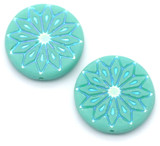 2pc 18mm Czech Pressed Glass Geometric Flower Coin Beads, Opaque Turquoise AB/Matte Finish