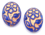 2pc 21x16mm Czech Pressed Glass Flower Oval Bead, Sapphire/Rose Gold