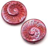 2pc 18mm Czech Pressed Glass Fossil Swirl Beads, Red Nebula