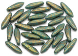 10-Gram 16x5mm Czech Pressed Glass 2-Hole Dagger Beads, Opaque Turquoise/Terracotta Luster