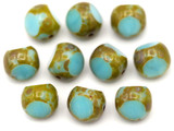 10pc 8mm Czech Fire-Polished Tri-Cut Window Beads, Sky Blue Swirl/Travertine
