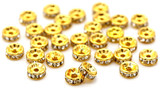 30pc 8x3.5mm Brass Rhinestone Rondelle Spacer Beads, Gold/Crystal