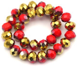 7.5” Strand 8x6mm Crystal Faceted Rondelle Beads, Red/Gold 