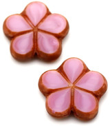 17mm Czech Glass Table-Cut Flower Bead, Opaque Pink Silk/Picasso