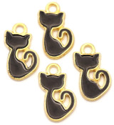 4pc 15x8mm Enameled Sitting Black Cat Charms, Gold