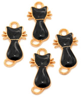 4pc 22x12mm Enameled Sitting Black Cat Links, Gold