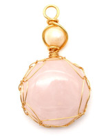 Approx. 34x20mm Wire-Wrapped Rose Quartz & Freshwater Pearl Pendant, Gold