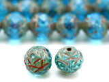 4.7" Strand (About 15pcs) 8mm Czech Fire-Polished Glass Faceted Rose-Cut Rondelle Beads, Aqua w/Travertine Wash