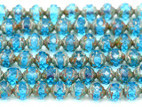 4.7" Strand (About 15pcs) 8mm Czech Fire-Polished Glass Faceted Rose-Cut Rondelle Beads, Aqua w/Travertine Wash