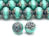 4.7" Strand (About 15pcs) 8mm Czech Fire-Polished Glass Faceted Rose-Cut Rondelle Beads, Opaque Minty Turquoise w/Bronze Luster