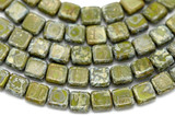7" Strand (About 30pc) 6mm Czech Pressed Glass 2-Hole Tile Beads, Opaque Olive Travertine