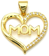 19x19.5mm Brass & Cubic Zirconia "MOM" Heart Pendant, Gold