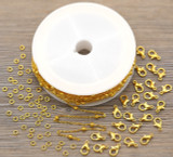SPECIAL VALUE: 12-Meter Spool 2.2x1.7mm Steel Beaded Chain w/50pc 4mm Jump Rings & 25pc 12x6mm Lobster Claw Clasps, Gold
