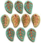 10pc 14x9mm Czech Pressed Glass Top-Drilled Leaf Beads, Turquoise & Almond w/Copper Wash