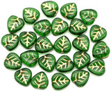 10-Gram Bag (About 23pc) of 9x9mm Czech Pressed Glass Top-Drilled Leaf Beads, Emerald w/Gold Wash