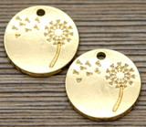 2pc 15mm 16K Gold-Plated Zinc Alloy Engraved Dandelion Round Charms