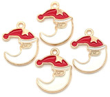 4pc 19x15mm Enameled Santa Crescent Moon Charm, Red/White/Gold