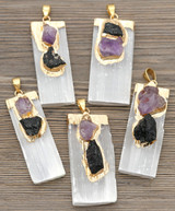 45-60x15-25mm Selenite Slab Pendant w/Black Tourmaline, Amethyst & Gold-Finished Stainless Steel Bail