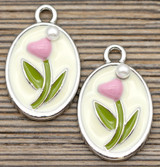 2pc Enameled Oval w/Pink Tulip & Faux Pearl Pendants, Silver