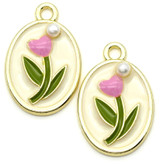 2pc Enameled Oval w/Pink Tulip & Faux Pearl Pendants, Gold