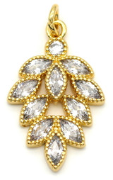 20x12mm 18K Gold-Plated Brass & Cubic Zirconia Leafy Branch Pendant
