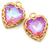 2pc 14x12mm Crystal & Brass Heart Charms, Light Peach Opal AB