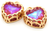 2pc 14x12mm Crystal & Brass Heart Charms, Deep Peach Opal AB