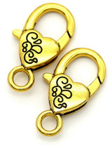 2pc 26x13mm Heart Accent Jumbo Lobster Claw Clasps, Antique Gold