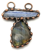 Approx. 55x51mm Blue Kyanite Stick & Labradorite Swirl Pendant, Antique Copper