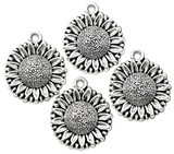4pc 22x19mm Sunflower Pendants, Antique Silver
