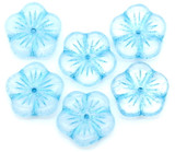 6pc 14mm Czech Pressed Glass Flower Beads, Crystal & White Opal Swirl w/Blue Wash