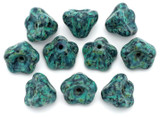 10pc 6x8mm Czech Pressed Glass Bell Flower Beads, Jet Picasso w/Pebbled Mint