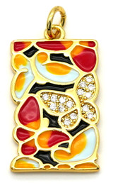 22x13mm Brass & Cubic Zirconia Enameled Butterfly Rectangular Pendant, Gold/Multi