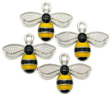 4pc 17.5x22.5mm Enameled Bee Charms, Silver/Yellow/Black