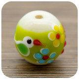 Approx. 17x16mm Lampwork Floral Barrel Focal Bead w/Bird Motif, White/Green