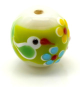 Approx. 17x16mm Lampwork Floral Barrel Focal Bead w/Bird Motif, White/Green