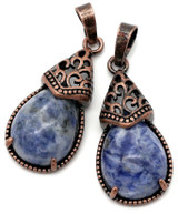 31x15mm Blue Spot Jasper & Brass Swirled Teardrop Pendant, Antique Copper