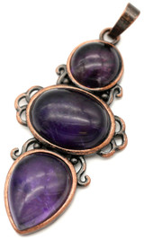 47x24mm Amethyst Triple Stone Pendant, Antique Copper