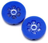 2pc 16mm Czech Table-Cut Glass Flower Coin Beads, Opaque Sapphire Luster