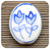 Approx. 22x17mm Handmade Glazed Porcelain Oval Flower Bead, White/Blue