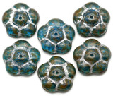 6pc 12mm Czech Pressed Glass Flat Flower Beads, Capri Blue w/Travertine & Silver Wash