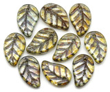 10pc 14x9mm Czech Pressed Glass Top-Drilled Leaf Beads, Crystal w/Picasso & Lazure Blue Luster