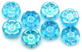 8pc 10mm Czech Pressed Glass Hawaiian Flower Beads, Crystal w/Marbled Aqua & AB Coat
