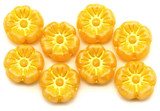 8pc 10mm Czech Pressed Glass Hawaiian Flower Beads, Almond Swirl w/Yellow Wash